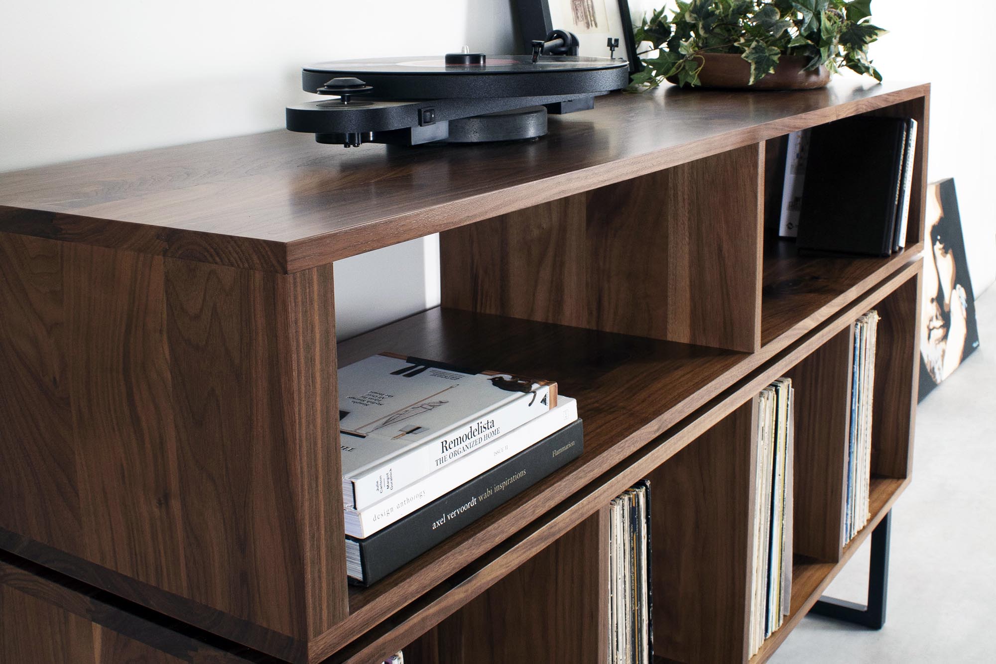 Solid wood record player stand in walnut with turntable