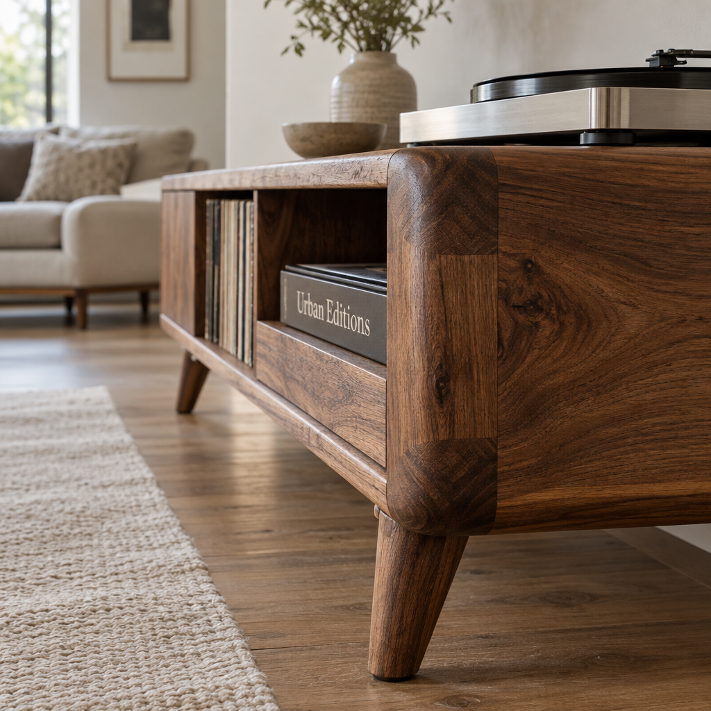 Macro view of funky chunky furniture: thick rounded walnut console corner, splayed leg and record player in a warm living room.