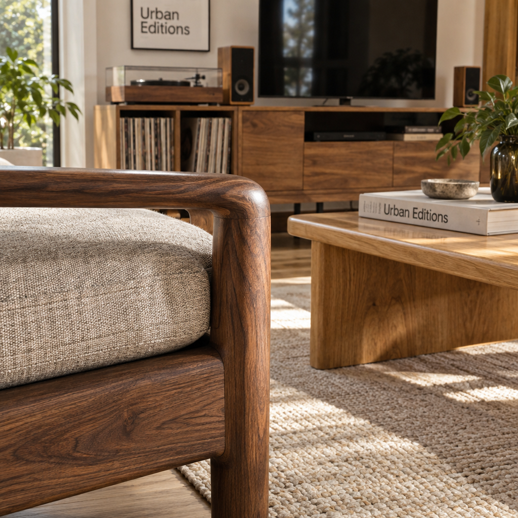 Close-up of walnut sofa arm and oatmeal upholstery, with oak table and media console in a warm living room furniture setting.