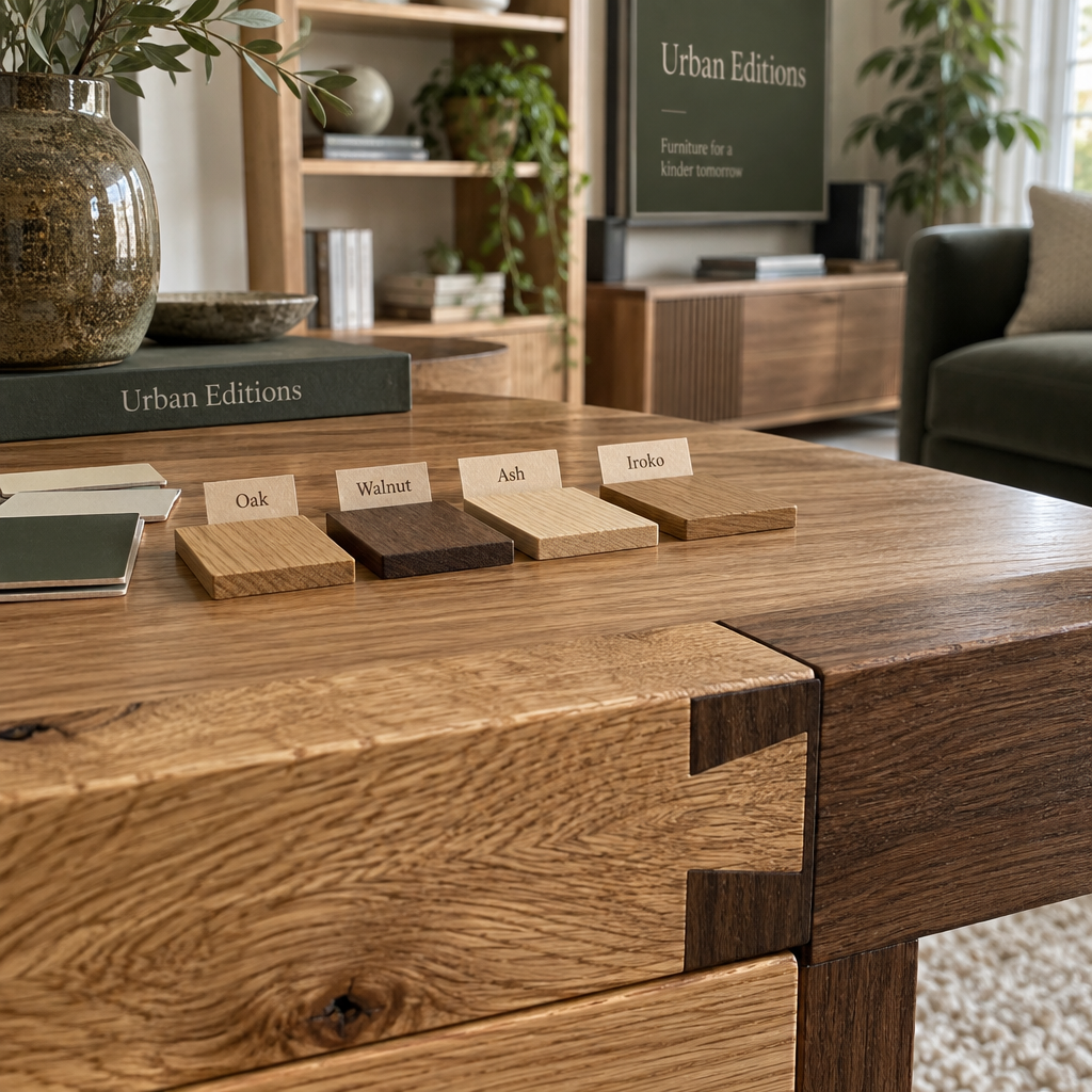 Macro view of oak and walnut woods furniture with dovetail joint, grain, repair marks, finish swatches and timber labels.
