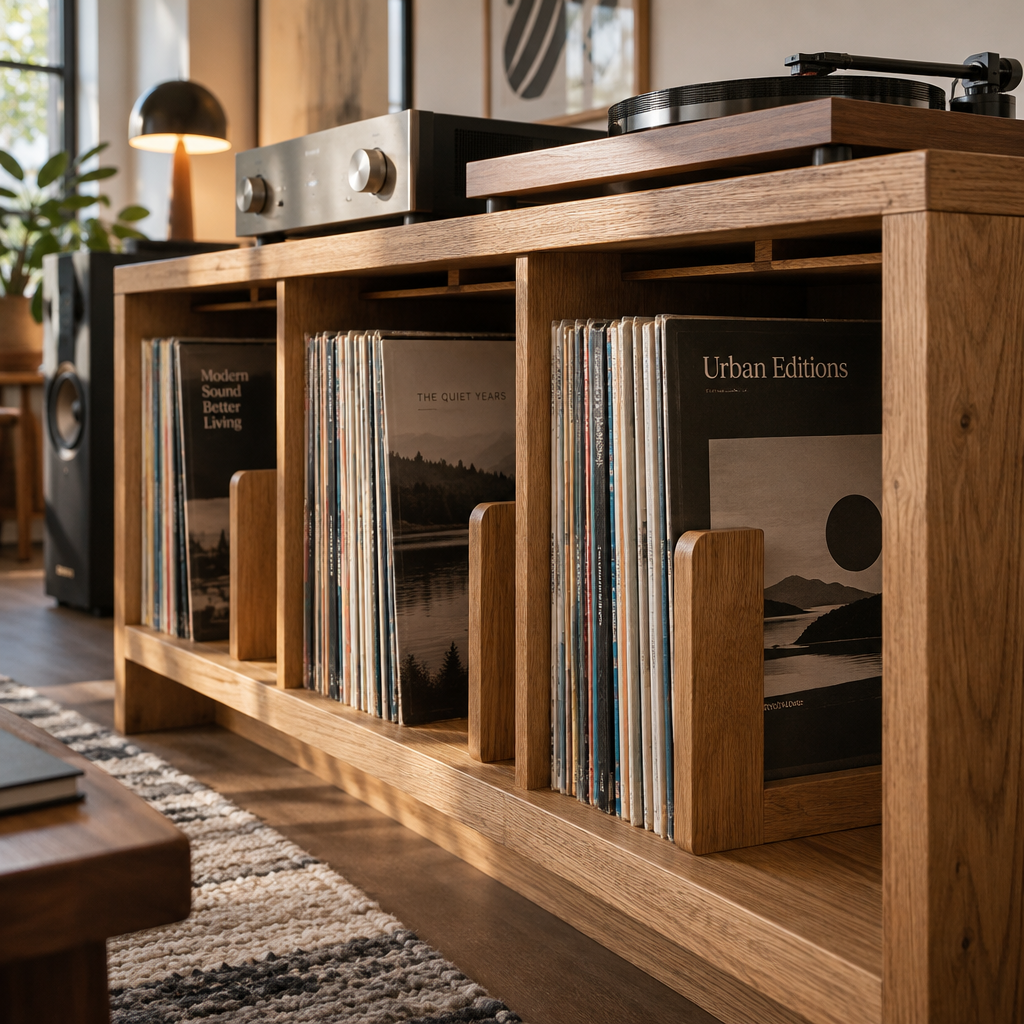 Solid-oak lp storage cabinet holding upright vinyl records, with turntable and audio equipment in a warm listening room.