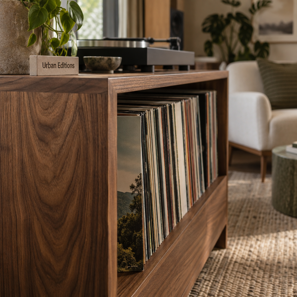 Walnut record storage unit with upright LPs on a spacious shelf, softly lit in a calm contemporary listening room.