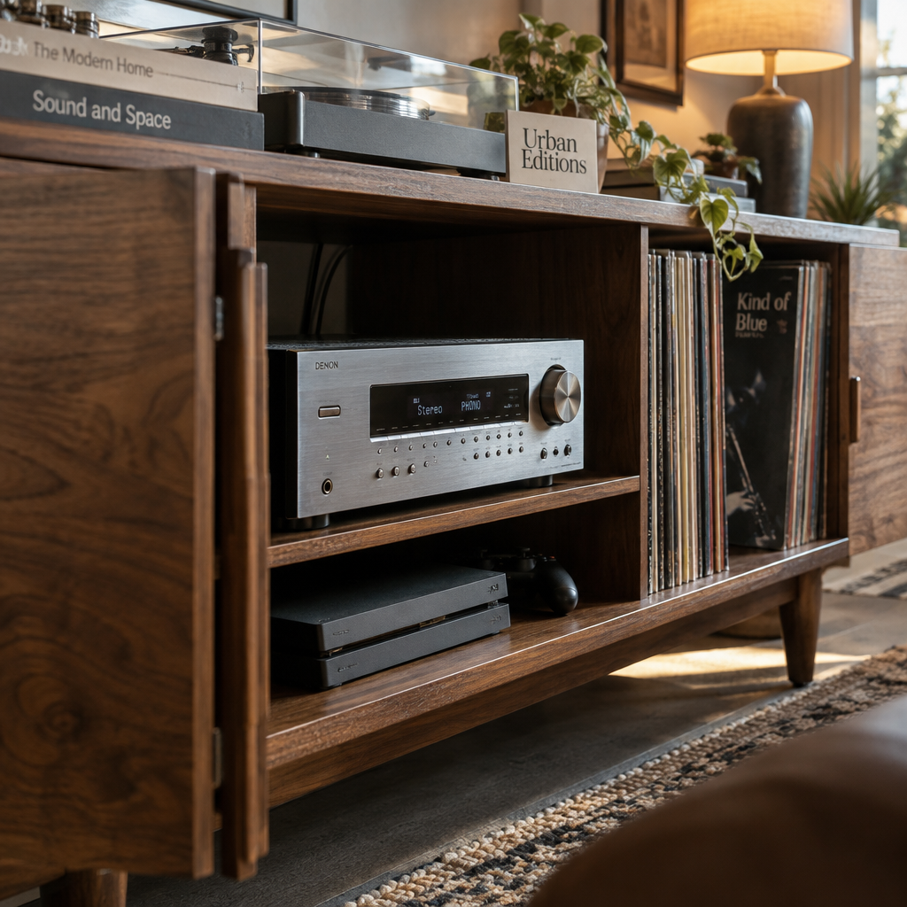 Walnut multimedia cabinets house a ventilated AV receiver, games console and vinyl records in a softly lit living room.