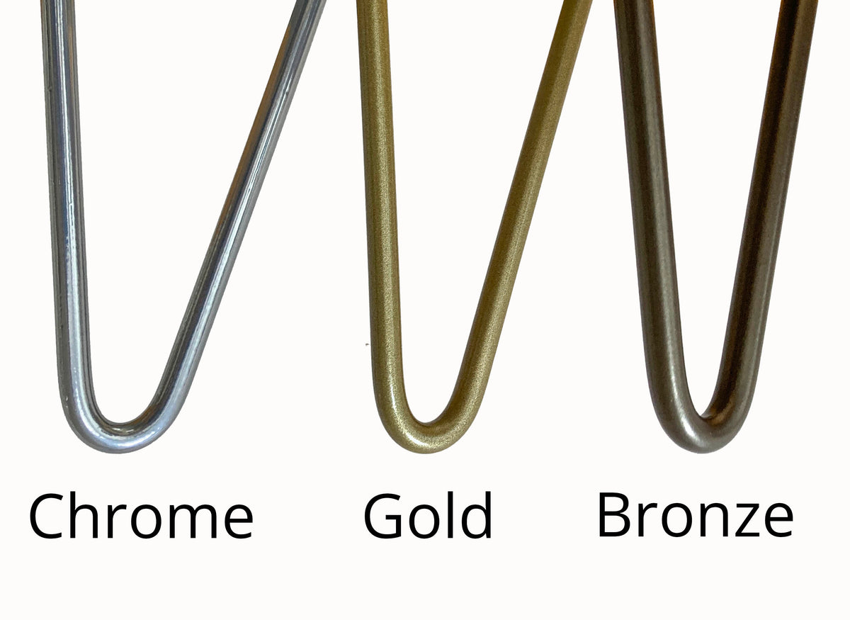 metallic hairpin leg options, gold, chrome or bronze