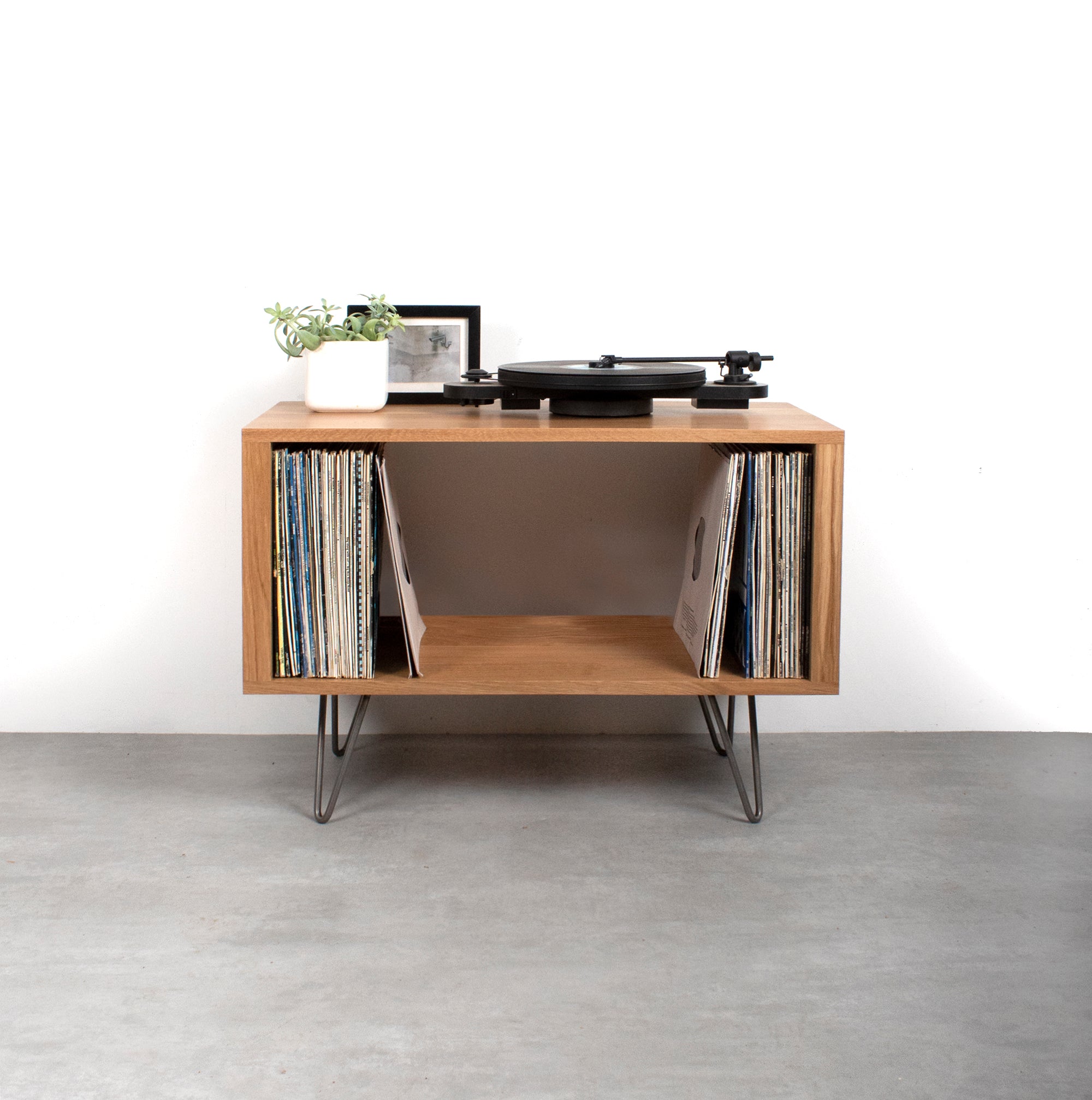 Oak Stanton Vinyl Storage cabinet on Hairpin Legs