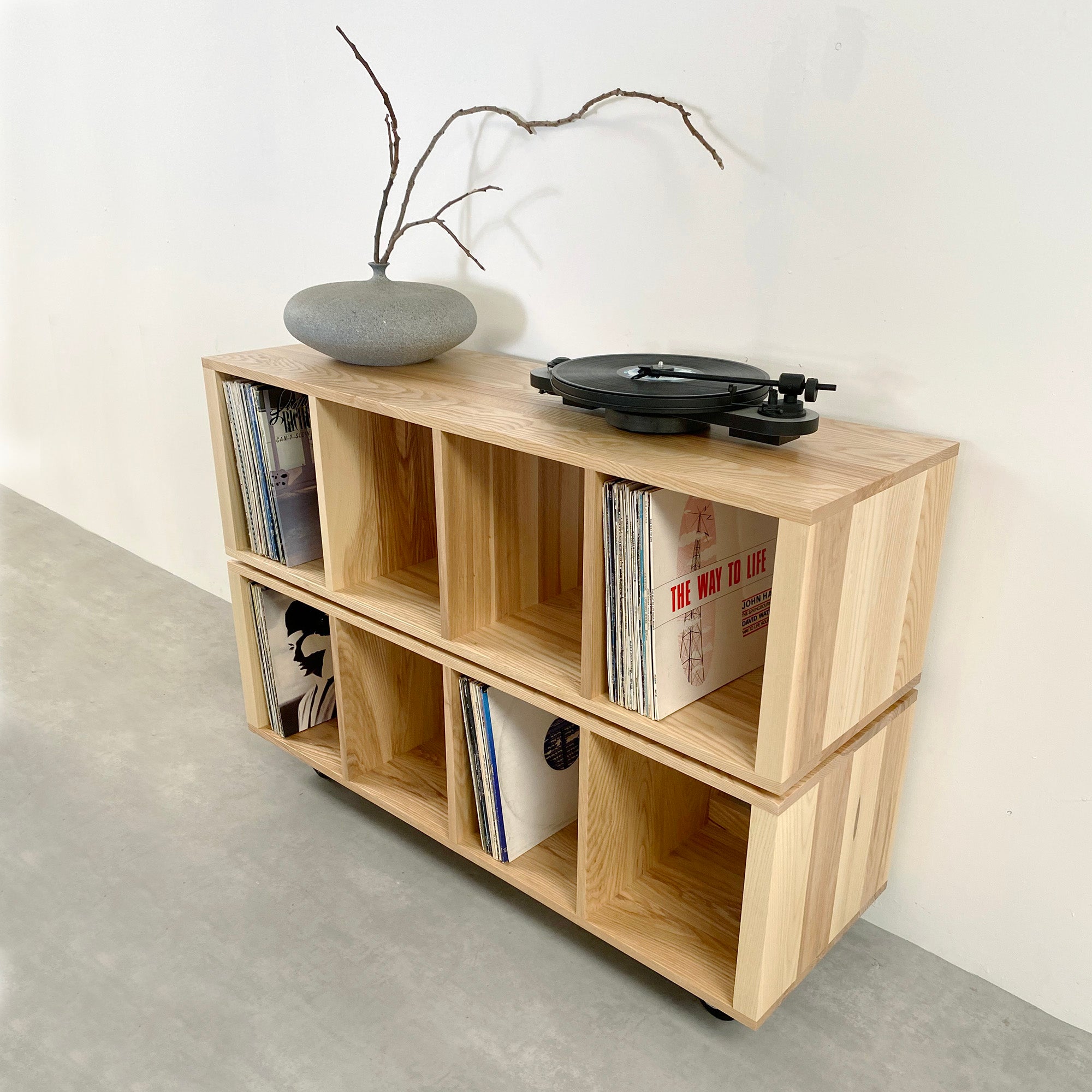 Corston Vinyl storage on castors in light ash