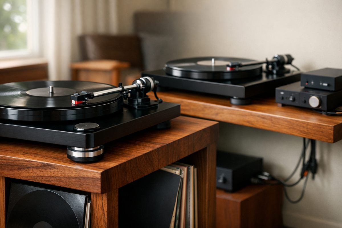 Close-up comparing a walnut turntable stand vs shelf, with aligned black turntables, tonearms and organised vinyl storage.