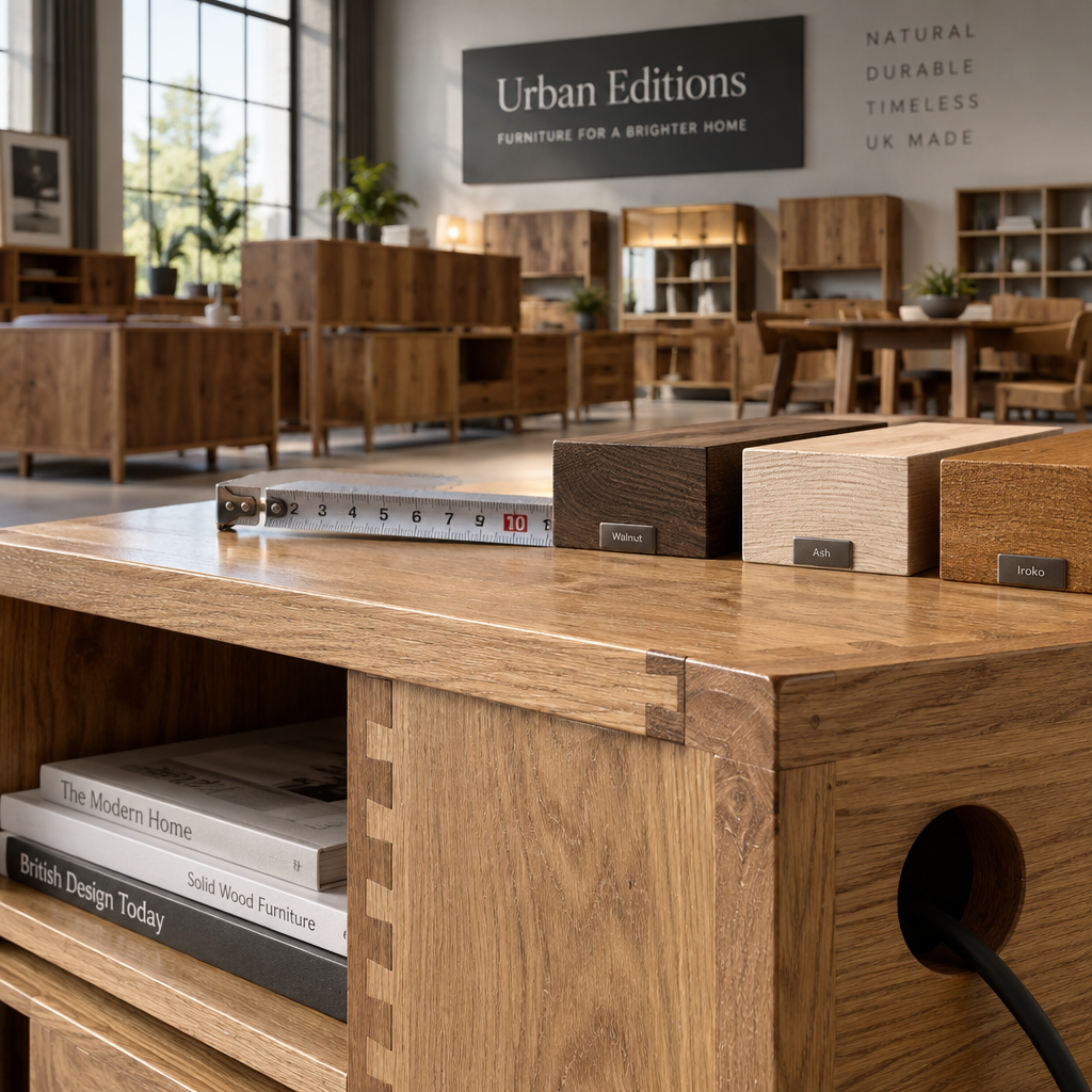 Close-up of oak media unit joinery and cable opening with timber samples and blurred furniture warehouse beyond.