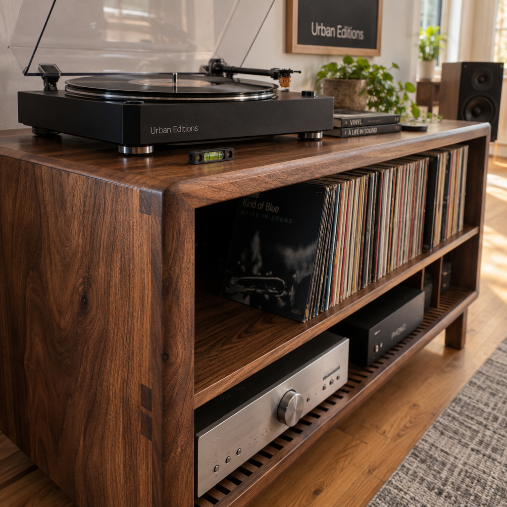 Walnut stand for vinyl record player with black turntable, vinyl shelves and amplifier in a warmly lit listening room.
