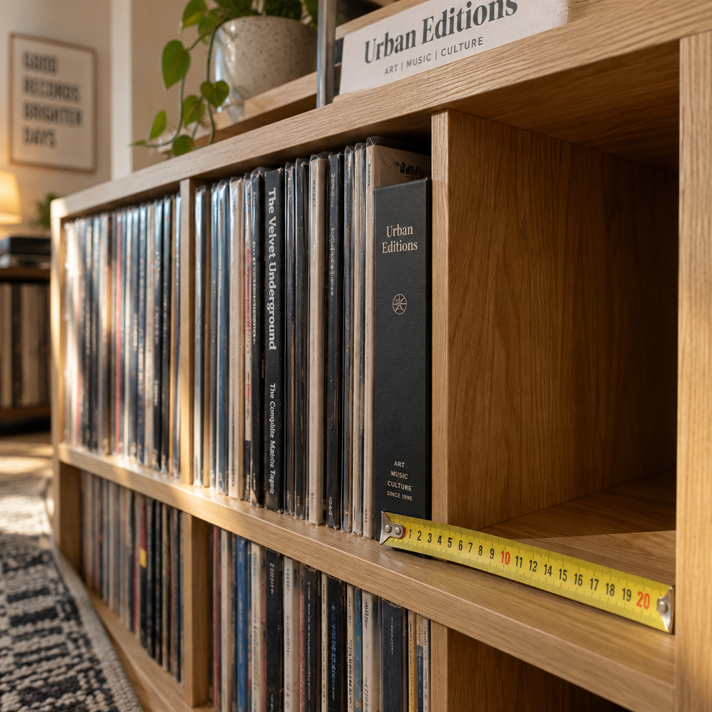 Macro view of oak shelves, vinyl records, measuring tape and an empty bay for future albums in warm side light.