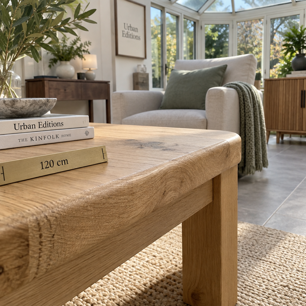 Close-up of honey oak coffee table with 120 cm marker in a bright conservatory, showcasing conservatory furniture.