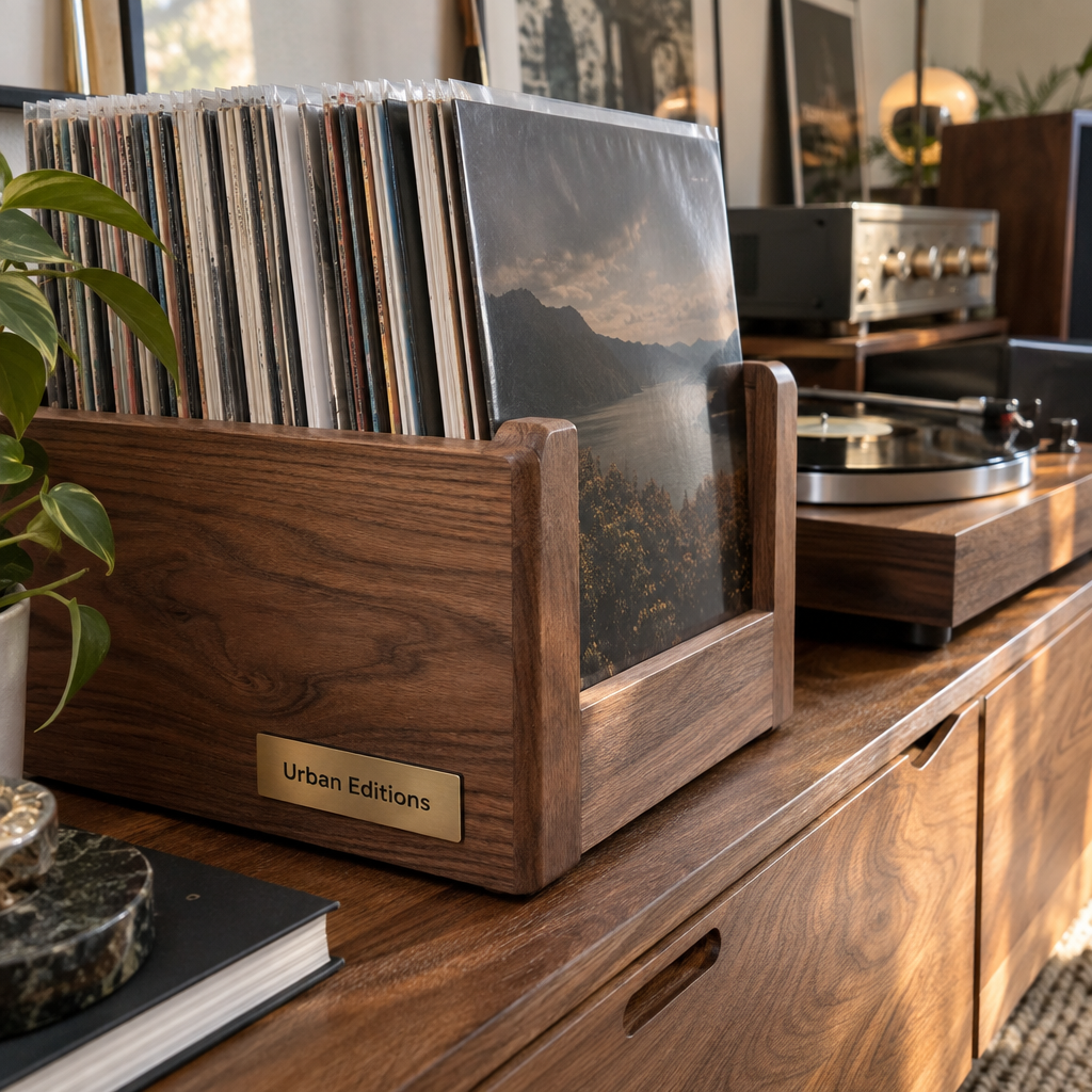 Walnut vinyl holder with upright record sleeves beside a turntable and brushed-metal amplifier in a warmly lit listening room.