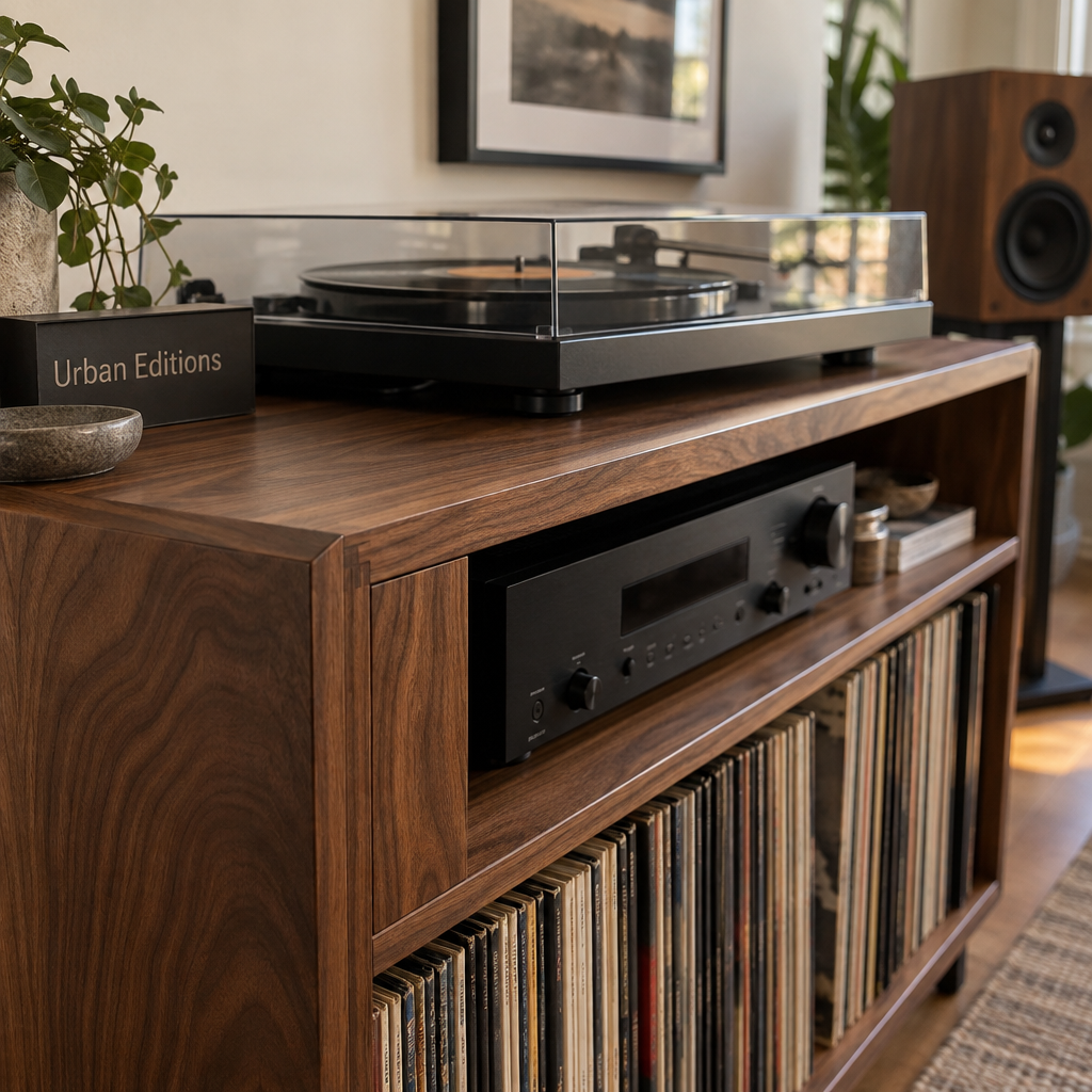 Close-up of a walnut unit for record player with turntable, receiver and vinyl storage, beside a softly blurred speaker.