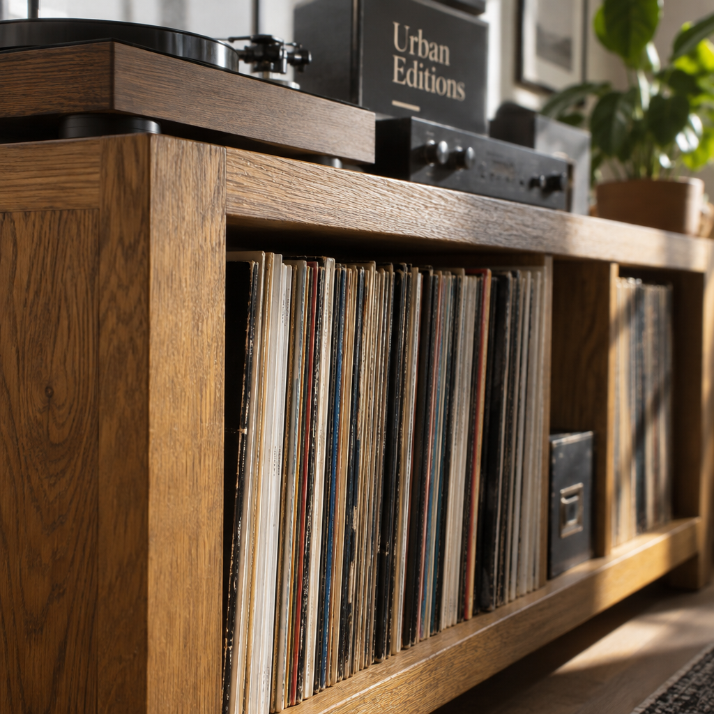 Extreme close-up of an oak record cabinet with upright LPs, its sturdy shelves and warm wood grain in sharp focus.