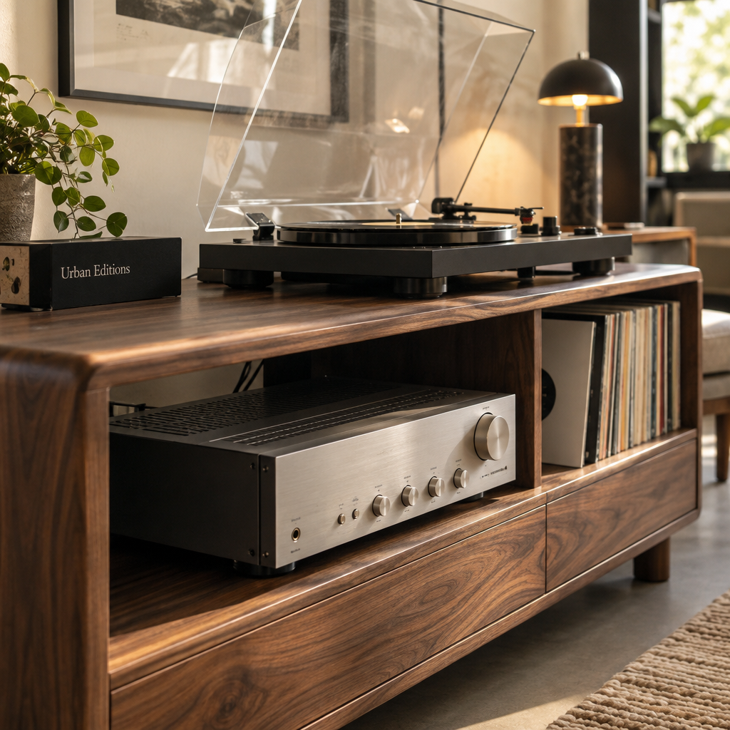 Walnut vinyl player unit with an open turntable, spacious amplifier shelf and upright LPs in a softly lit listening room.