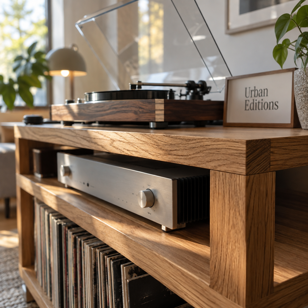 Oak hifi racks with a thick shelf support an amplifier and turntable, with vinyl sleeves below in warm window light.