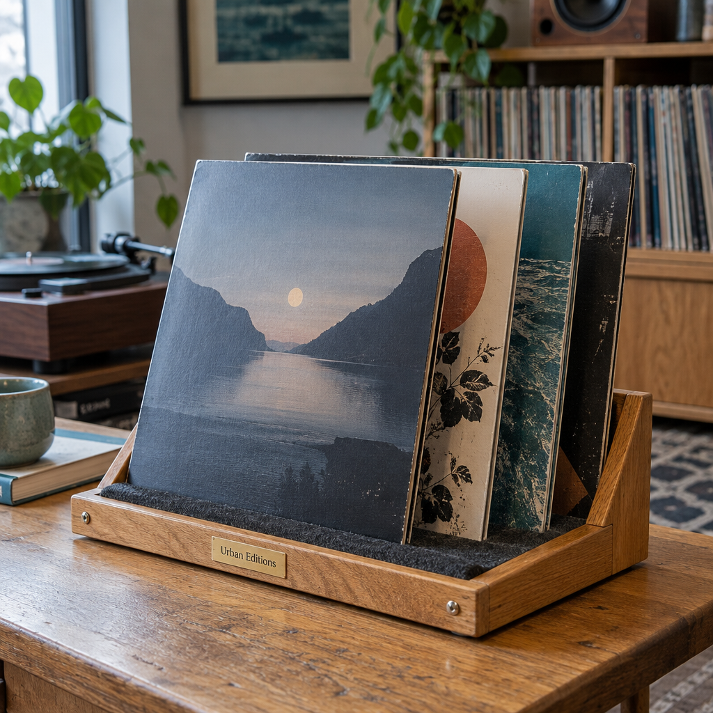 Oak vinyl display stand holding four upright LP sleeves, with a turntable and record crate softly blurred in the background.