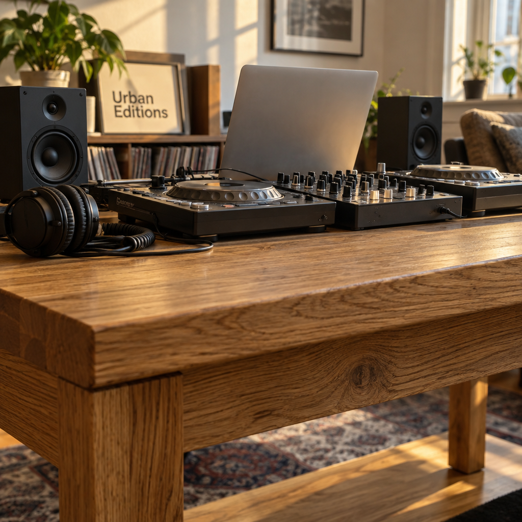 Low-angle view of a solid-oak dj table with decks, mixer, headphones and speakers in warm window light.