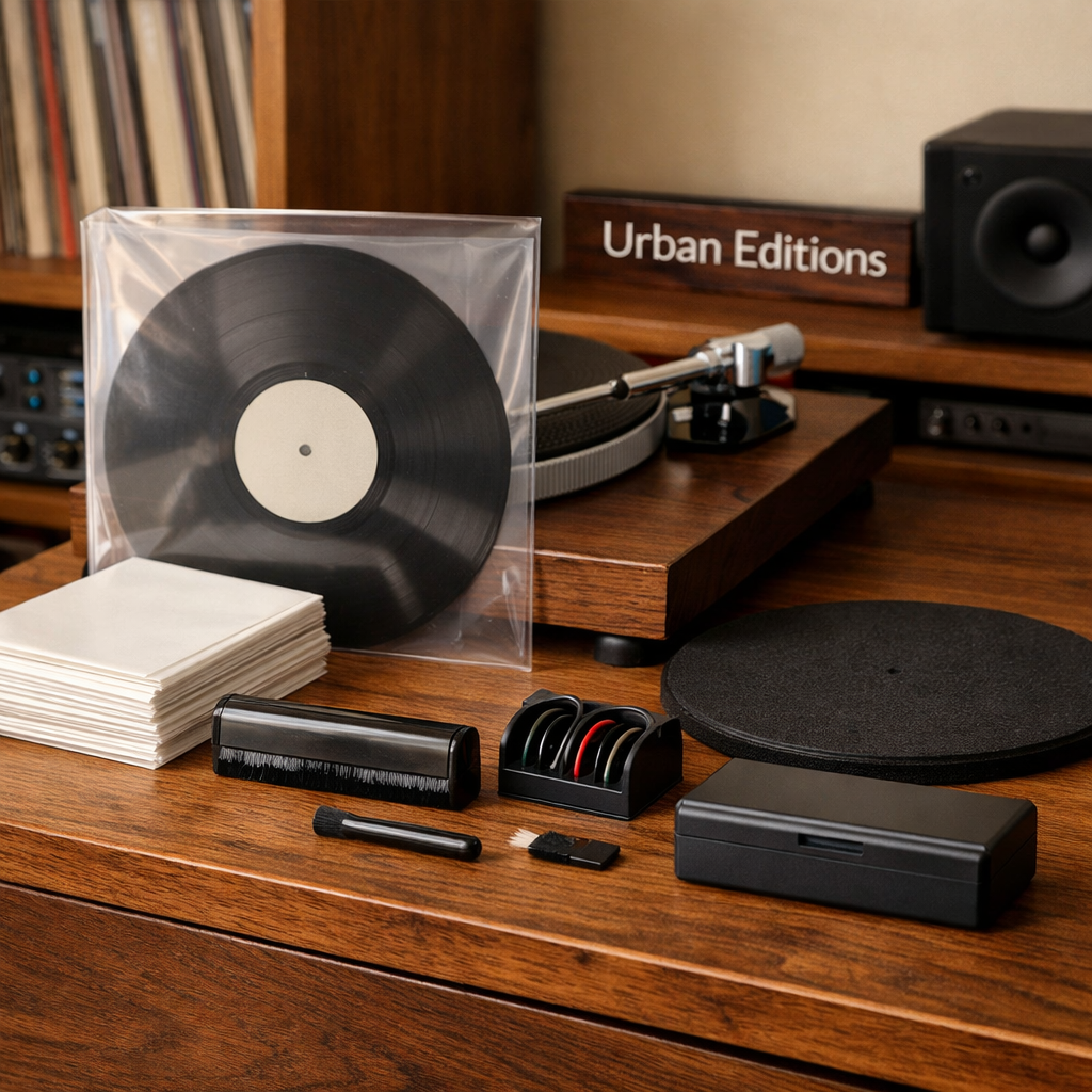 Macro still life of gifts for vinyl record lovers: record, turntable accessories, cables and sleeves on an oak stand.