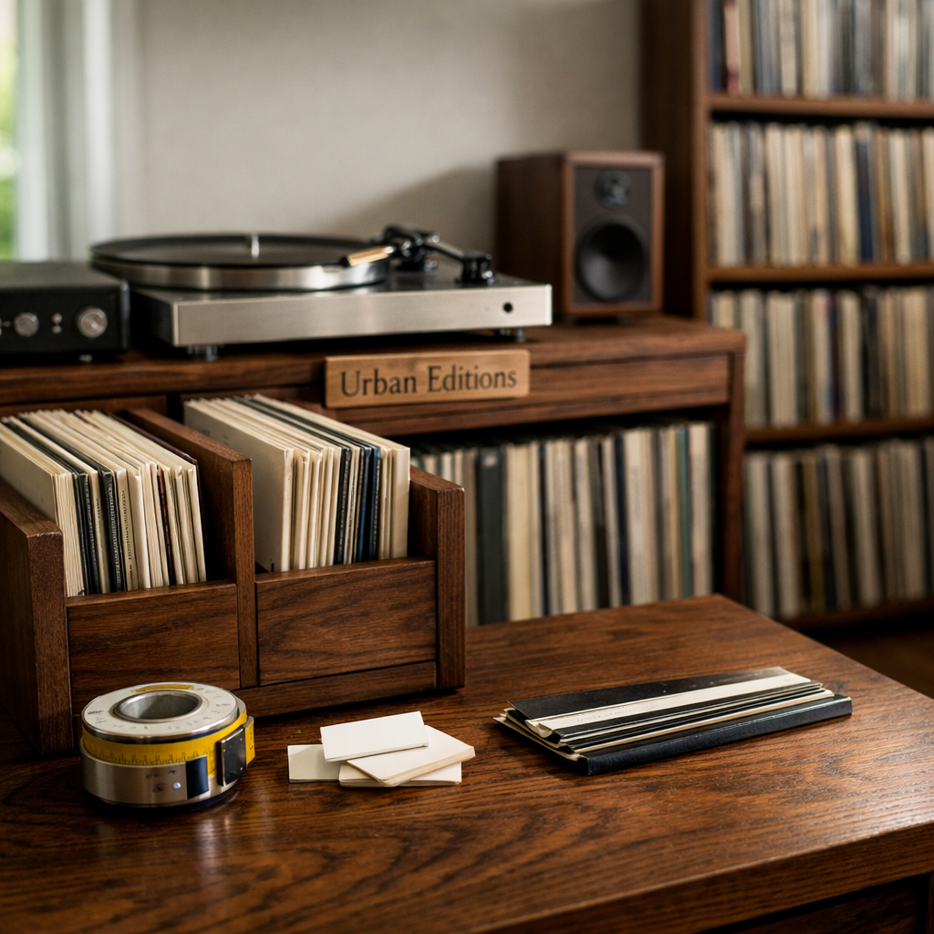 Oak vinyl storage furniture in three sizes, filled with records, beside a turntable and audio equipment in a warm listening room.