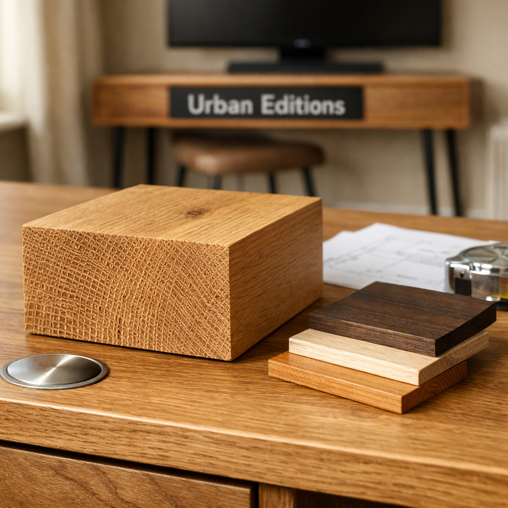 Custom desk oak sample with visible grain, timber swatches, cable grommet and measuring tape on a home-office desk.