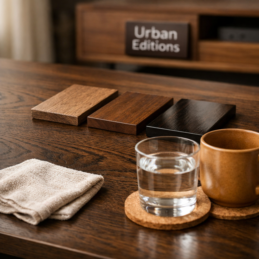 Macro of black ash furniture with grain, sample boards, cloth, water glass and mug on a softly lit tabletop.