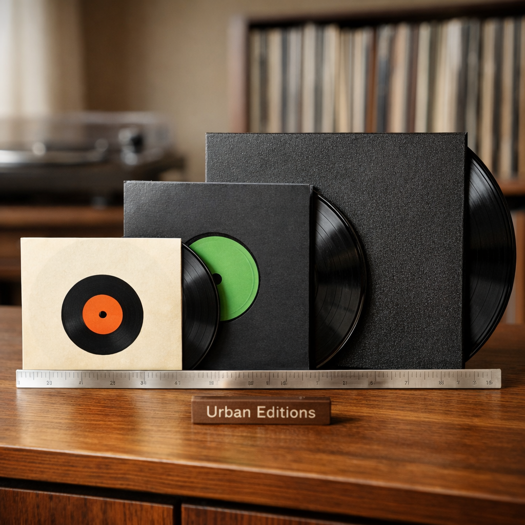 Three upright 7-inch, 10-inch and 12-inch records with a ruler showing the dimensions of a record.