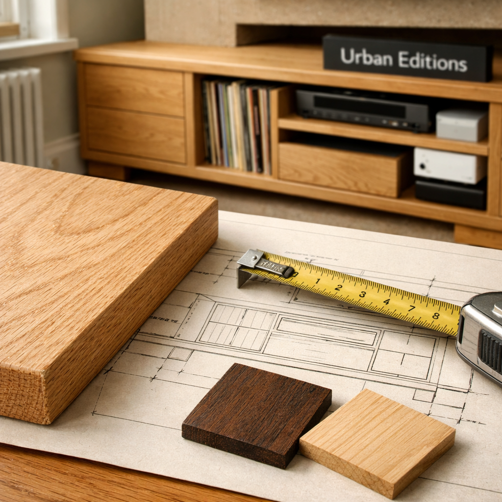 Macro view of oak console plans, tape measure and finish swatches, showcasing bespoke wooden furniture craftsmanship.