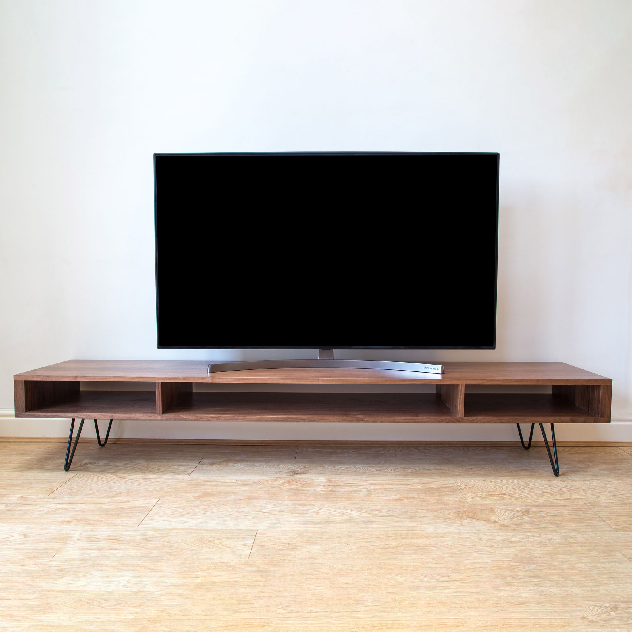 TV stand with hairpin legs from solid walnut