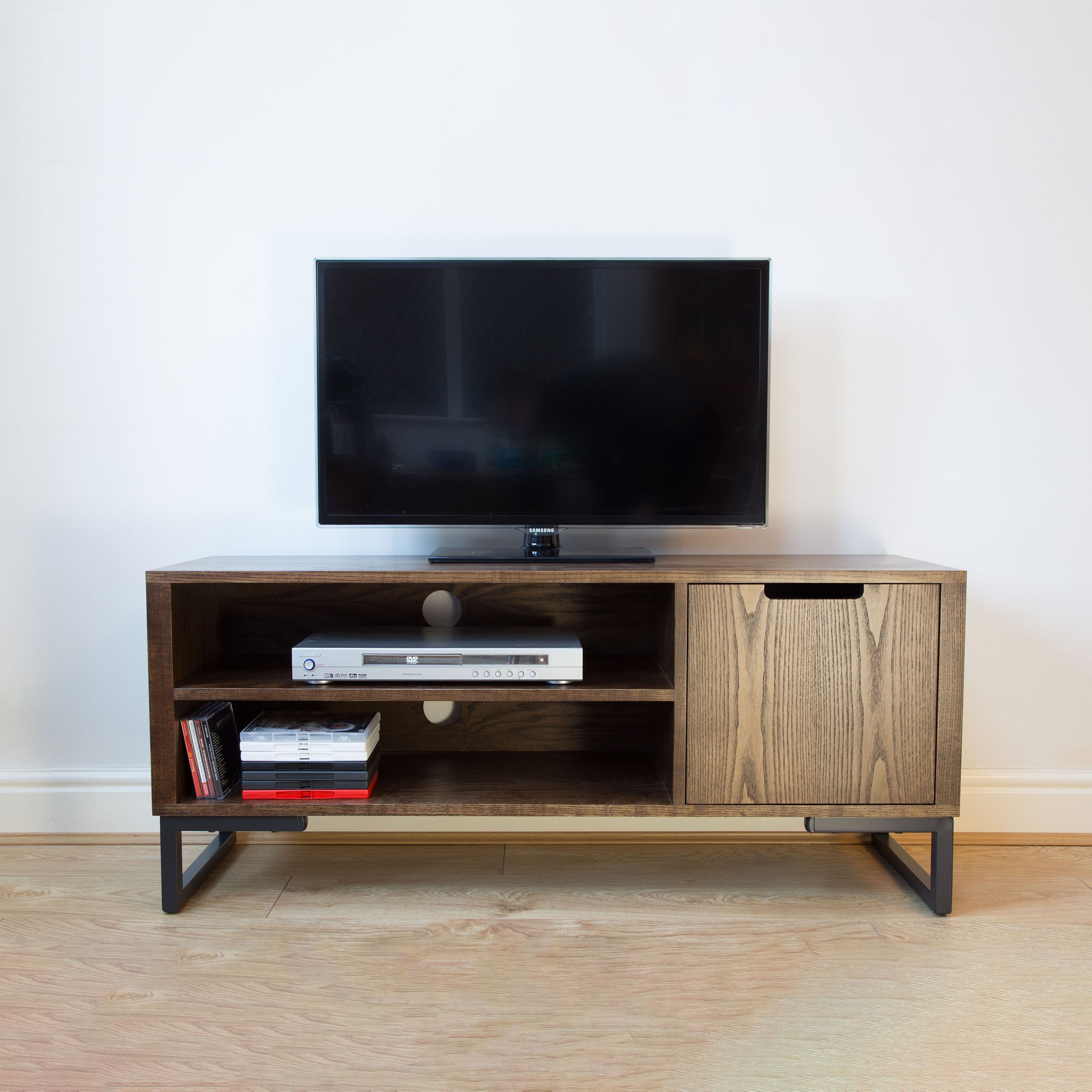 TV stand made from solid hardwood dark stained ashash 