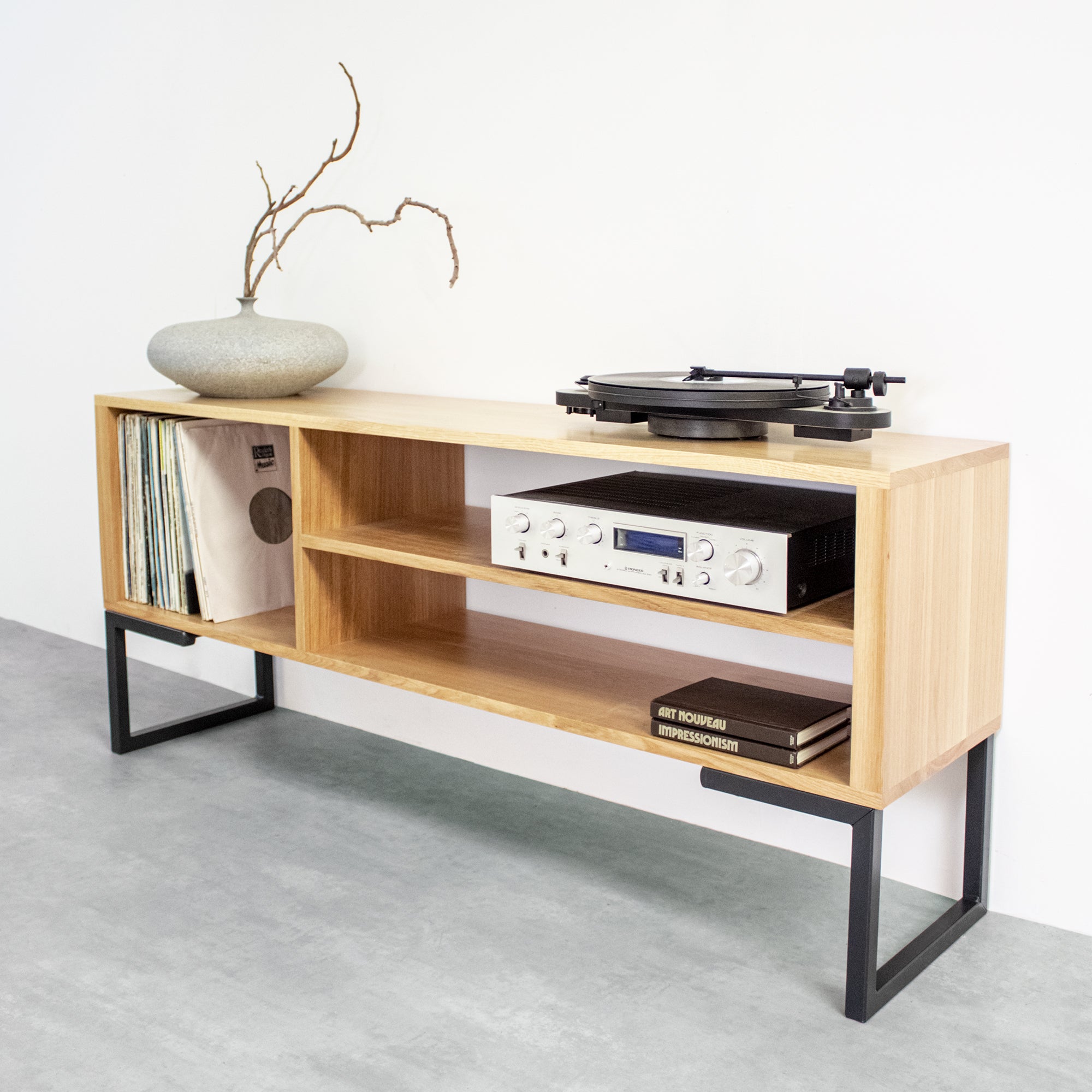 Mid-Century Modern Media Cabinet with Vinyl Record Storage & Isolation  Turntable Platform. — TACTILE