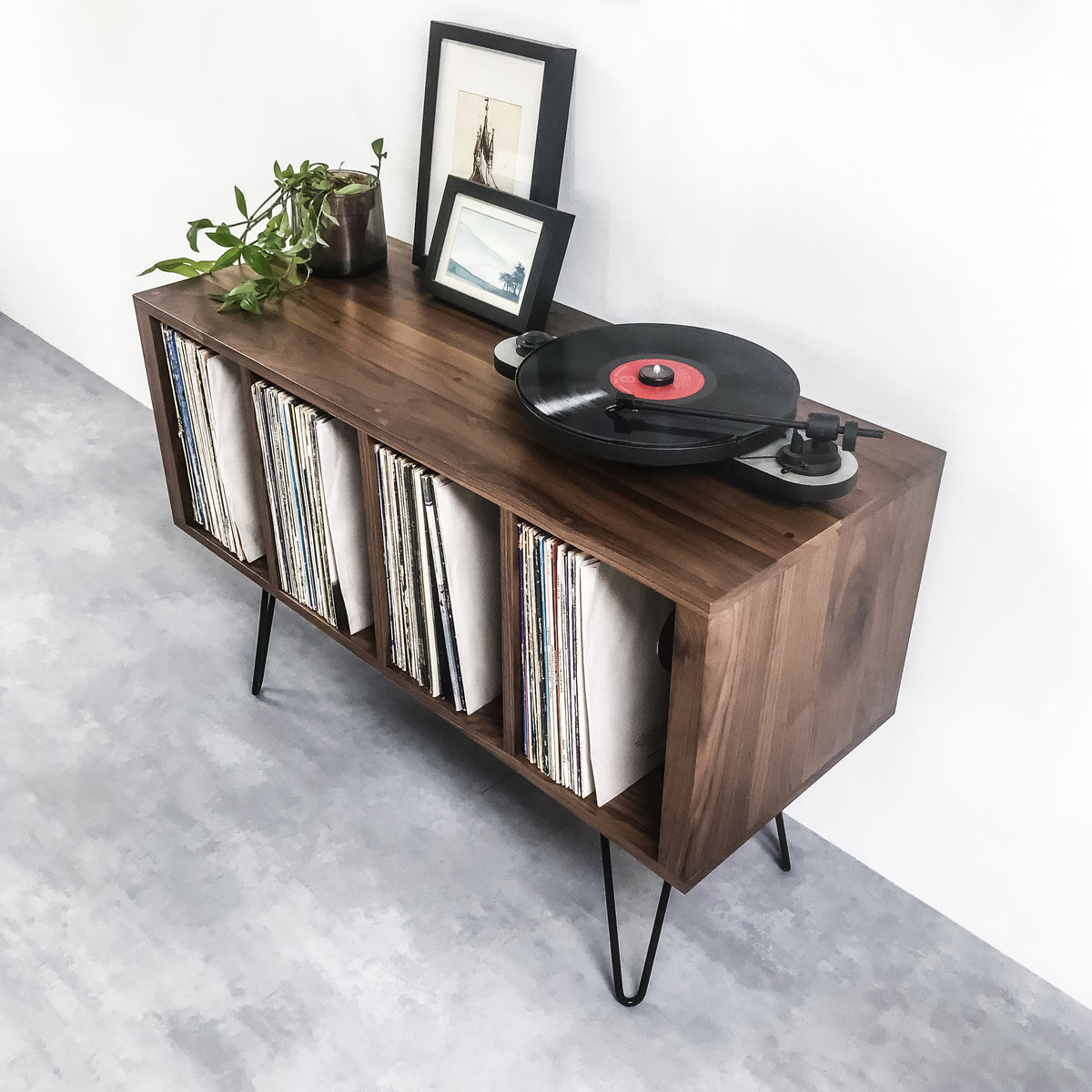 Vinyl Storage Cabinet | Mid-Century Media Console on Hairpin Legs