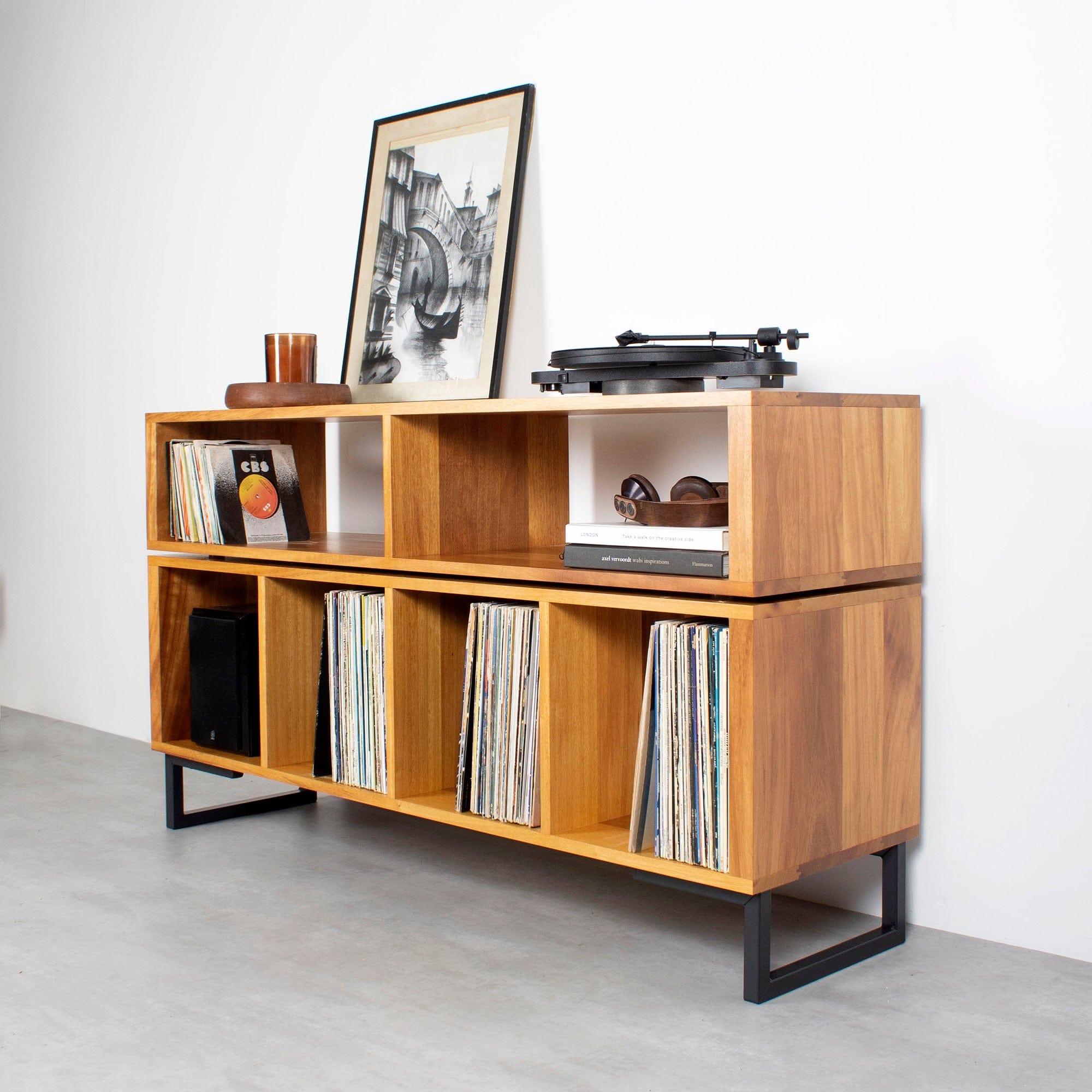 Mid-Century Modern Media Cabinet with Vinyl Record Storage & Isolation  Turntable Platform. — TACTILE