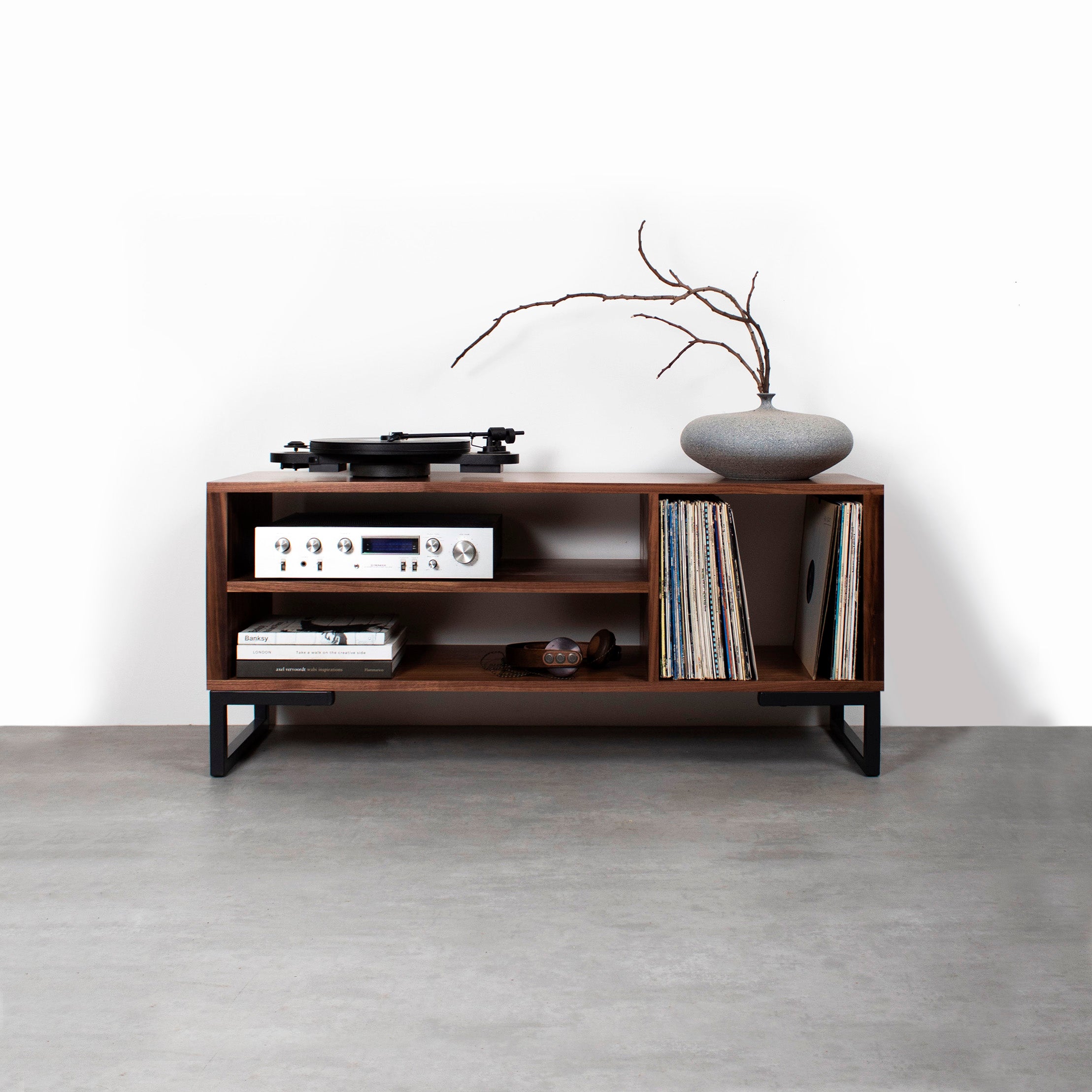 walnut media console stand for vinyl record player, hifi or as a TV stand